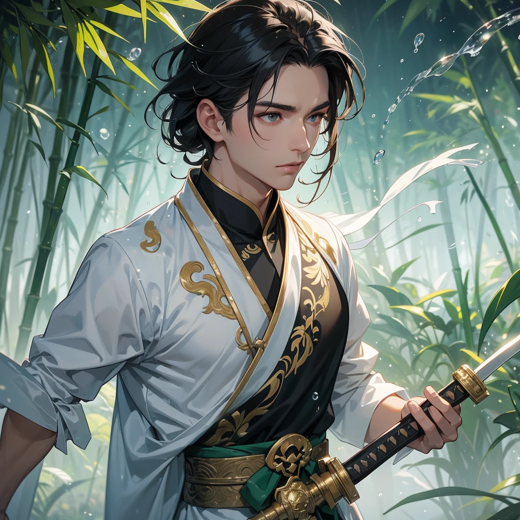 a Handsome black-haired male holding a large sword in white ancient Chinese costume, the back is a lush green bamboo forest. the air after rain has water droplets splashing around. close up.