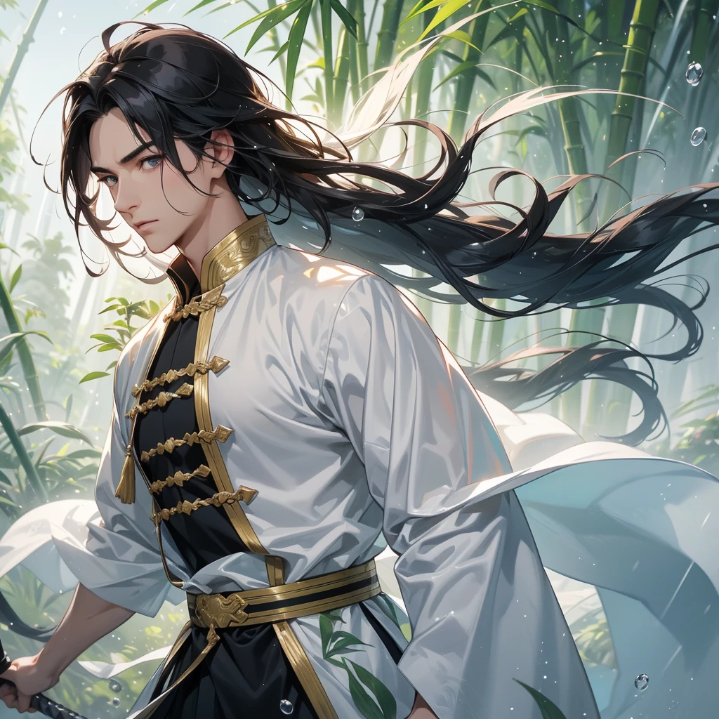 a Handsome black-haired male holding a large sword in white ancient Chinese costume, the back is a lush green bamboo forest. the air after rain has water droplets splashing around. close up.