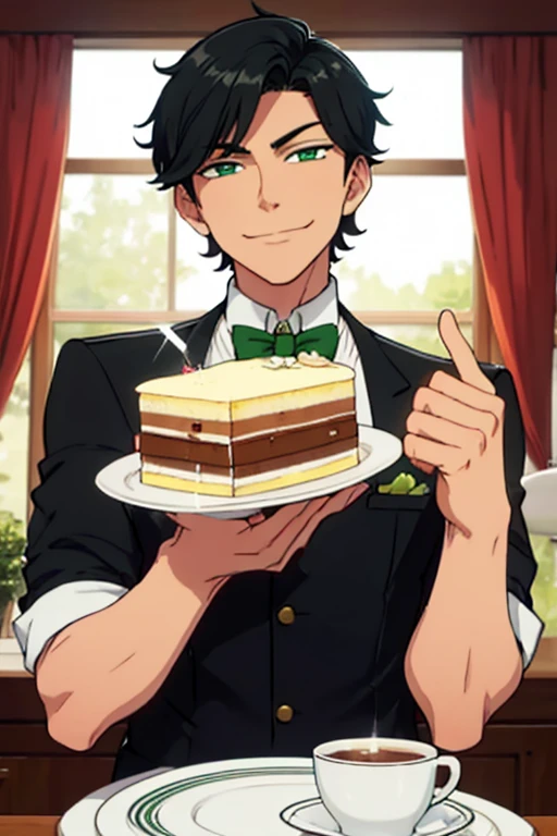 Perfect face. Perfect hands. A handsome black haired man with green eyes and short hair in a butler's uniform is smiling while serving a slice of cake in a fancy butler cafe