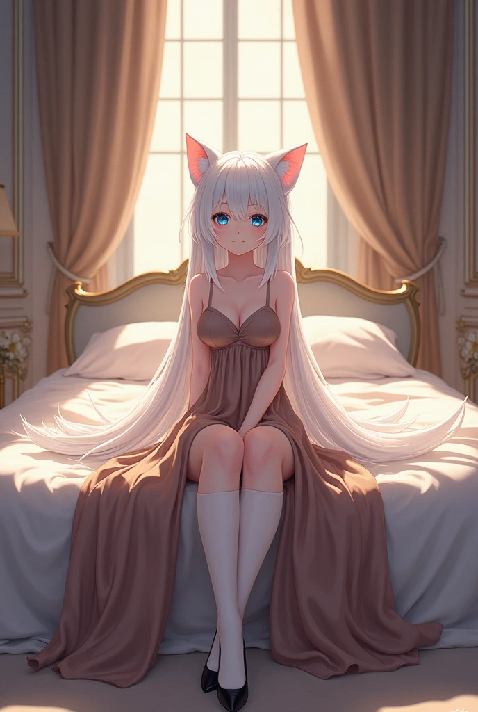 Anime human cat girl with white hair, white skin, blue eyes, brown dress, black flats, white knee socks, sitting on big bed in super fancy room
