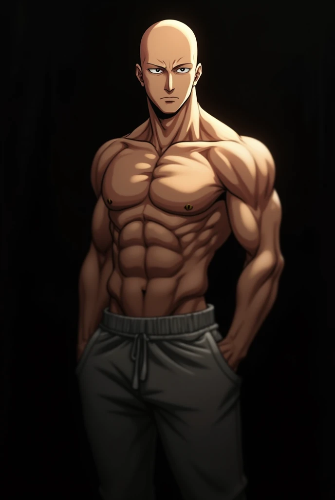 saitama, One punch man::topless, Tracksuit bottoms, bald, muscular::0.8 Black background::0.6 blurred high quality photography::0.9, front perspective, Side perspective and from behind Masterpiece of art::0.9 best quality::0.9- Niji 5