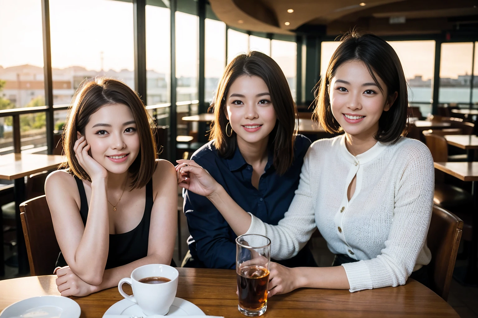 Six female Americans sitting on stools, in the kitchen at home, warm, indoor, practical, realistic, lifelike, facial clarity, exquisite face, front corner, HD, 8K, HD aesthetics, immersive detail, exquisite, exquisite, 4K