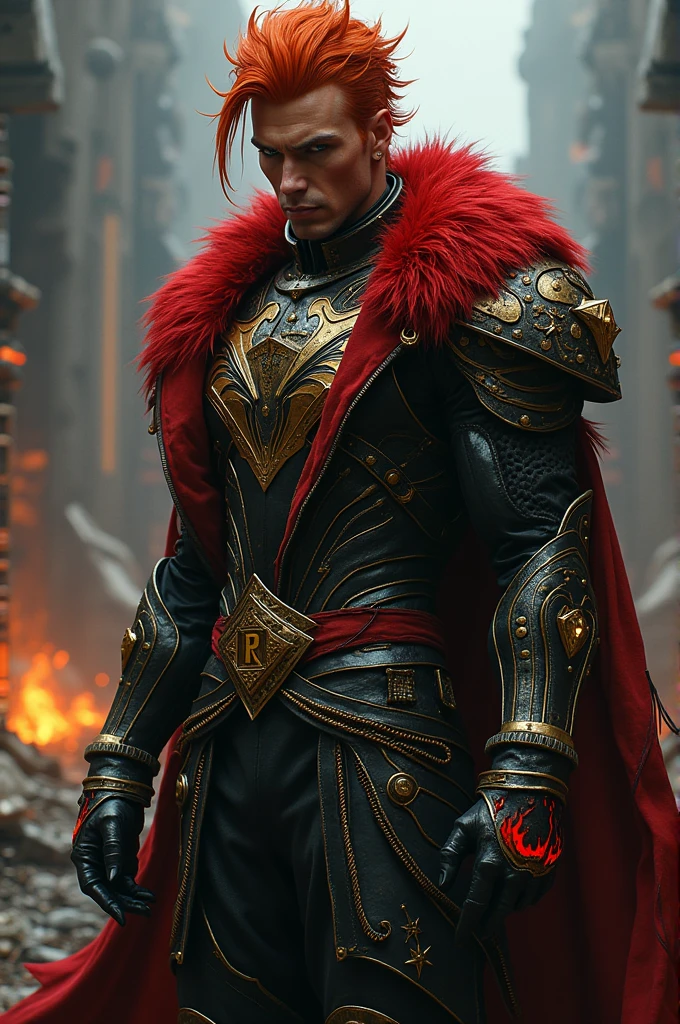 Male age 55, latin, dark orange hair visual kei, deep sight, black gold armor, armor breastplate with a pair four-pointed gold stars, a gold belt buckle with a letter R, scarlet red furry trench matrix gabardine open, gold belt, gold wristband, armor boots with red flames, cyberpunk japanese style, athletic strongest, magic powers, action, black cat nails, crazy pose, dark ruins backgroud, full body