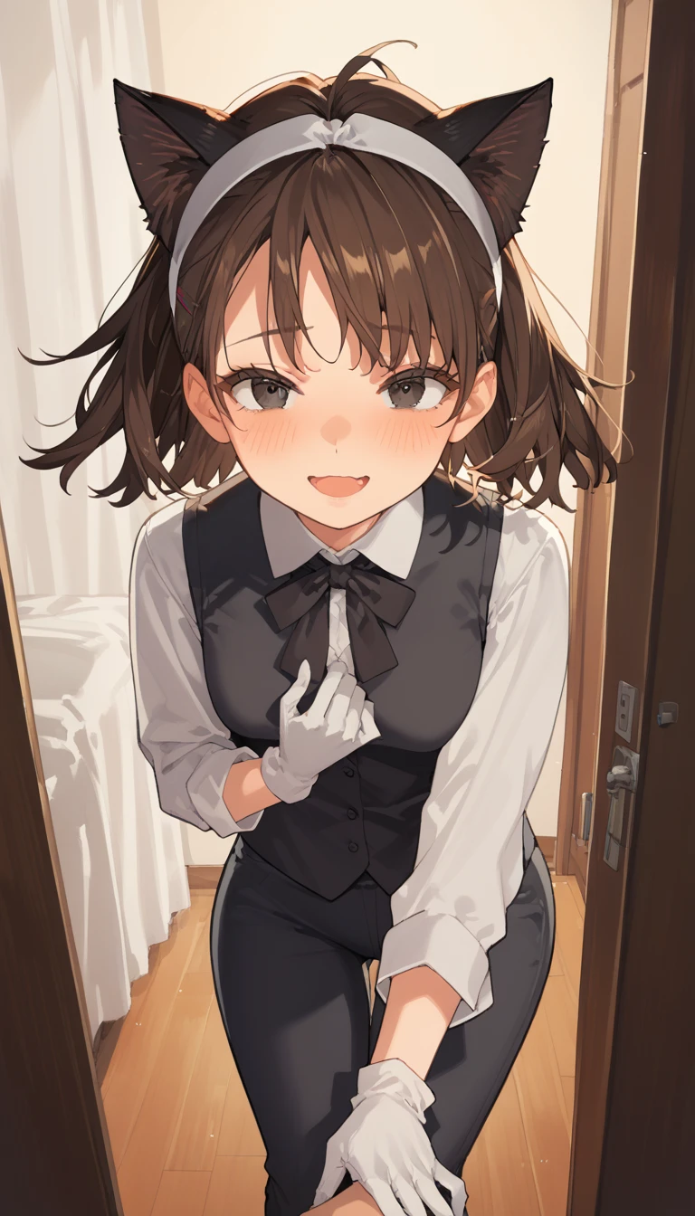 score_9, score_8_up, score_7_up, source_anime, 1girl, black eyes, There are injuries on the face, room, wariza, medium hair, messy ponytail, dark brown hair, portrait, starshadowmagician, solo, Adult woman, best perfect anatomy, thin, curvy body, flat breasts, curvy body, close up shot on person, a woman showing embarrassment, shy face, blush, open mouth, light smile, close up shot on person, pov_doorway, a woman showing his hand, mature woman standing poses, wear cat ear headband, white shirt, black tie, format black vest, Long-sleeved shirt, white format gloves, black trousers, dynamic angle. perfect dynamic composition, foreshortening, night days, volumetric lighting, hotel room background,