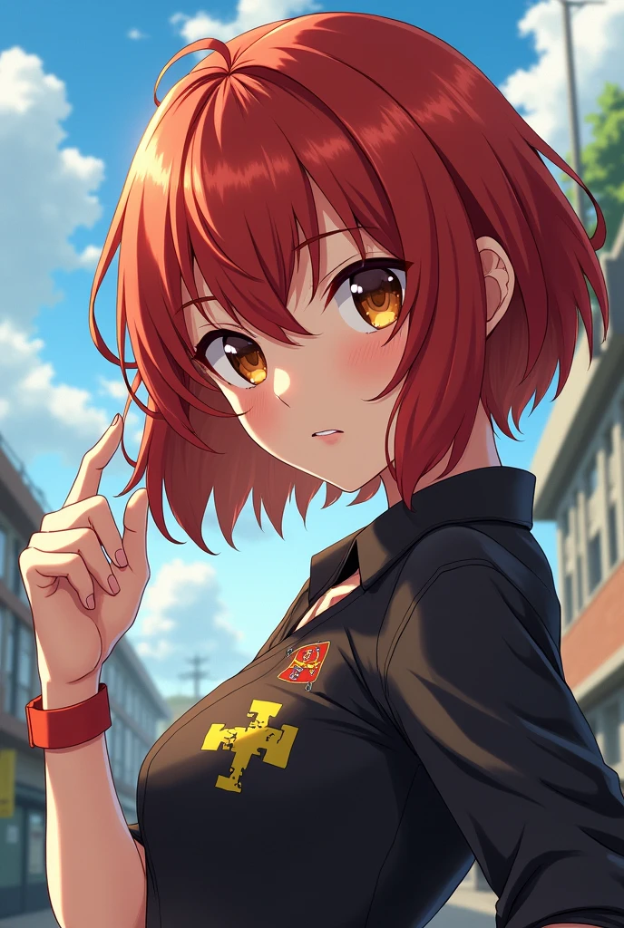 Generate a anime girl and she was a bold personality and is known for her no-nonsense attitude and fierce determination. Nobara has a distinctive look with short, reddish-brown hair styled in a bob cut, and she often sports a bright, assertive expression. Her eyes are a striking brown, complementing her vibrant and energetic demeanor. Despite her tough exterior, she has a deep sense of loyalty and camaraderie with her friends.