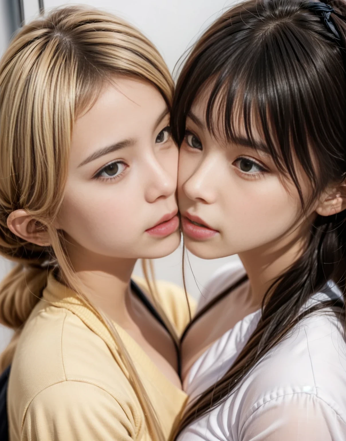 surreal), (high quality), (8K), (high quality), (Image quality of beautiful and slender eyes), ( face),from head to thighs , two girls, sultry gaze, lingering sound, passionate caress, intertwined fingers,  kiss, stuffy clothes, form fitting costume, thin fabric, strap ensemble, low cut neckline, thigh-high slit, lace detail, cutout element, backless dress, Bold and provocative ensemble, gentle hug, intimate moment, Passionate kiss, Close your blissful eyes, close up of lips, The moment when it gets hot, candid moment, romantic atmosphere, desire reflected in their eyes, subtle moaning, Bare skin