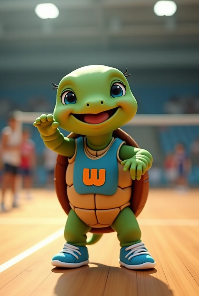 Waku, an adorable turtle with vibrant green skin and a rich brown shell, looks up with bright blue eyes shining with excitement, as if celebrating a triumphant spike, stands on a modern indoor volleyball court with polished wooden floors, waving and introducing himself to the spectators, wearing a blue tank top with a stylized orange lowercase "W" logo on the chest, his tiny tennis shoes laced up and ready for the next service, capturing the essence of his spirit. cheerful and competitive, with soft, warm lighting that casts a comforting glow on the overall scene. He is greeting the public
