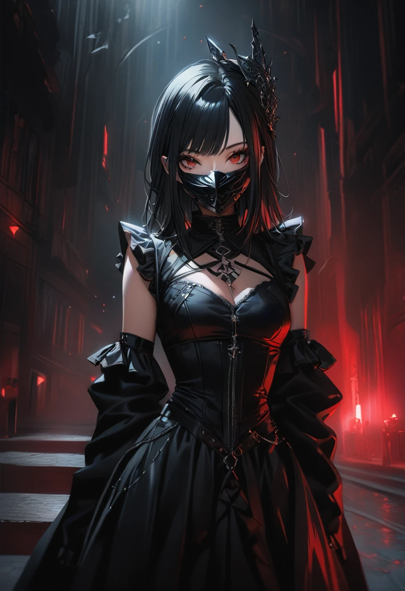 Highest quality、8k、masterpiece:1.3、Gothic Punk、The inside color is red、Black-haired、hair ornaments、Beautiful girl、creative、Dark Fantasy Style、Goth Fashion:1.2、Fine skin、Sharp focus、(Cinematic lighting)、Realistic textured hair、((Black Mask)),Whole Body Ezbian、