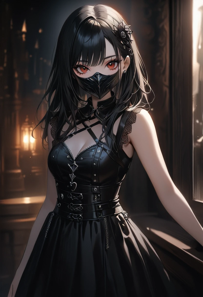 Highest quality、8k、masterpiece:1.3、Gothic Punk、The inside color is red、Black-haired、hair ornaments、Beautiful girl、creative、Dark Fantasy Style、Goth Fashion:1.2、Fine skin、Sharp focus、(Cinematic lighting)、Realistic textured hair、((Black Mask)),Whole Body Ezbian、