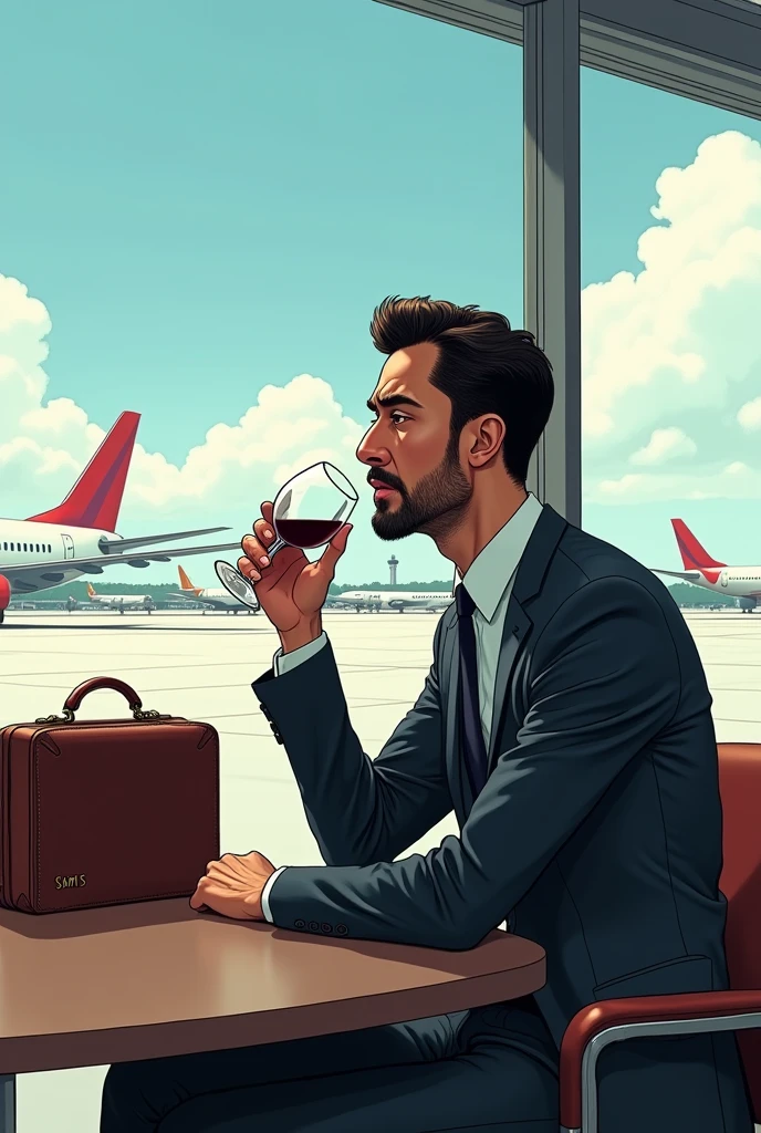 short hair man, Japanese Brazilian, from sideways, having a glass of wine at an airport waiting for a delayed flight because there is a lot of smoke in the sky, nervous expression, caricature style, in formal clothes, beard made, written SAM&#39;S on his leather briefcase, its appearance has to be Japanese 