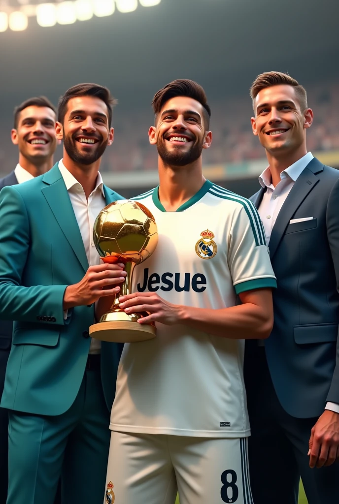 an adult man, with the real madrid shirt with the name "Josué" and the number 8, holding the golden ball, and Neymar, Messi, Cristiano Ronaldo next to him smiling (Neymar's outfit: suit) (Messi's outfit: suit cyan) (Cristiano Ronaldo's outfit: suit)