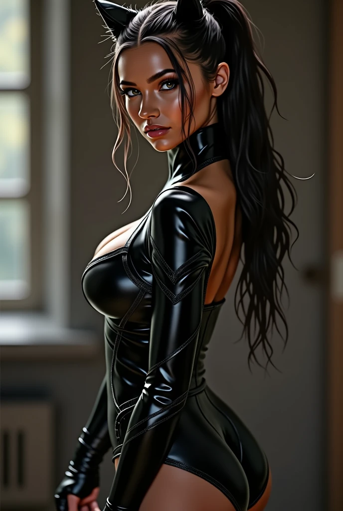 (photoréalisme:1.2), Belle femme toute seule, personne autour, réaliste, détails complexes, porte une combinaison catwoman moulante, pose sexy, a une queue de cheval et 2 mèches fines de cheveux qui tombent devant le visage