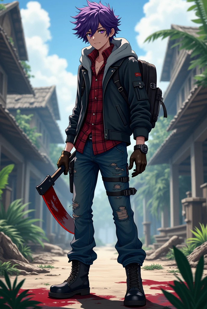 Anime guy 2, purple eyes and purple curly hair, wears black boots, loose jeans, leather gloves, red checkered shirt, gray sweatshirt that is unbuttoned, there is a black backpack hanging on his back, in his right hand is a machete with a blade covered in blood from killing zombies, He has a leather holster hanging on his right hip, ruined tropical village in the background