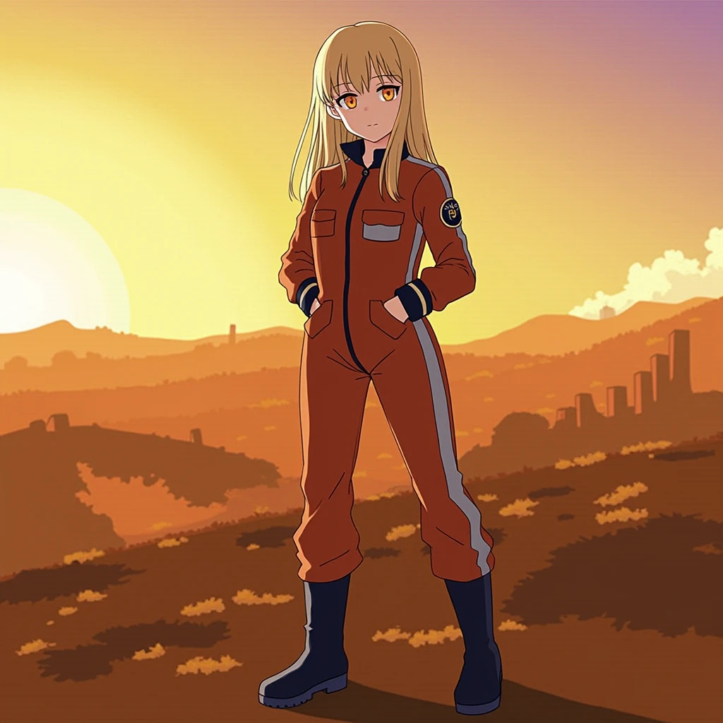 Pilot suit girl、Blonde、Straight Hair、Long Hair、ruins、Sunset
