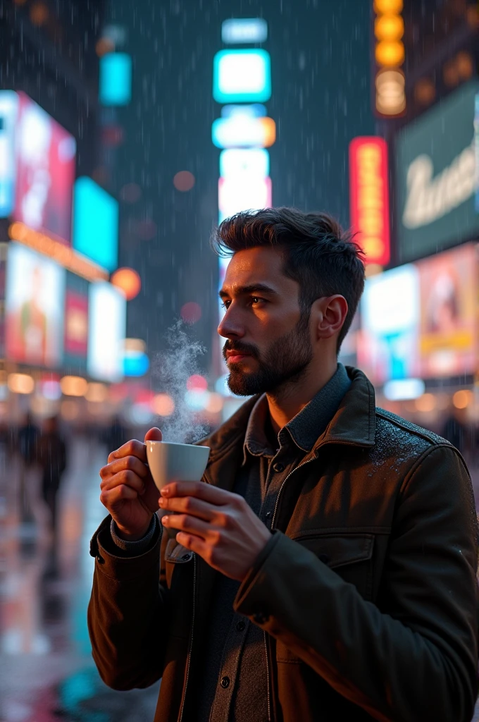 A man drinking coffee in rain at time square at night