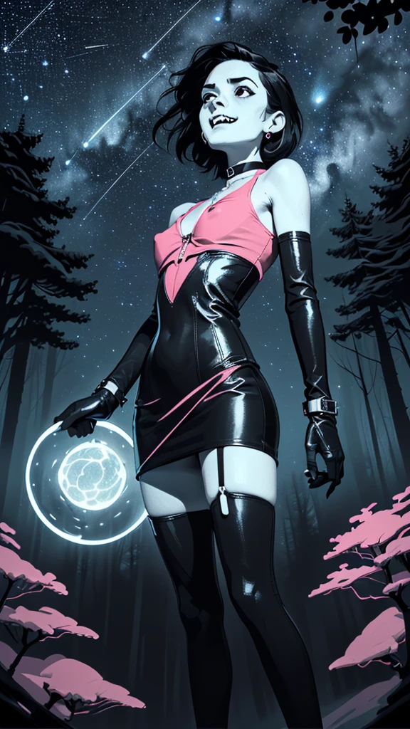 one girl, solo, slender body, fit body, (bust:1.3), (sharp teeth:1.3), (black eyes:1.5), black hair, (short hair:1.2), masterpiece, highly detailed, look at viewer, (look from below, below view:1.3), (leather dress, choker:1.4), (long exposure starry sky with many circular orbits, many stars twinkling in a beautiful bright winter night sky, forest, fractal art, bright colors, colors mashing, complimentary colors, neon, compassionate:1.3), expressing joy, (dark sky background:1.1), (bare shoulders:1.4), (small breast size, small breasts, tiny breasts, flat chest, male chest:1.5), (limited palette:1.7), (legs in leather stockings:1.2)