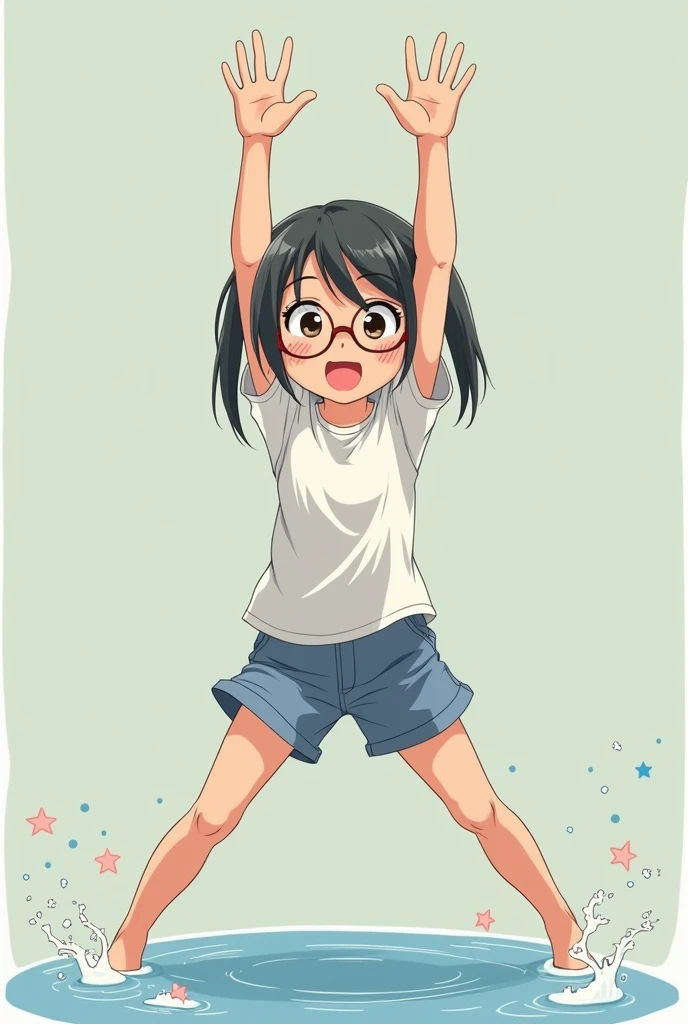 incontinence,squirt,big flood,Japan young１５Year-old girl with budding breasts,Wearing glasses,With legs spread wide,Raise your hands up in a big circle