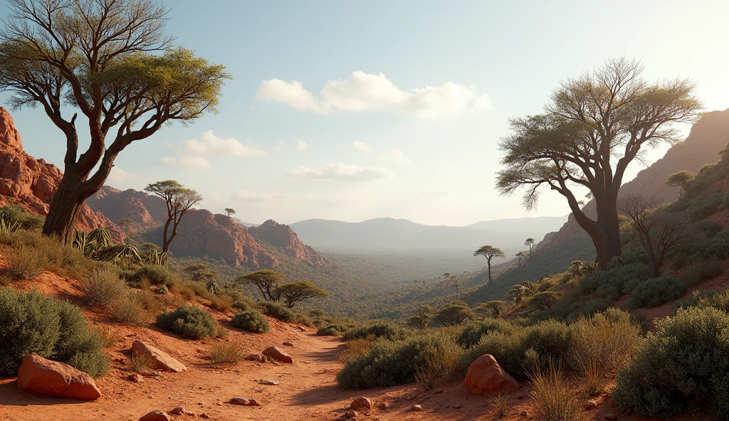 Panoramic view of the Brazilian Caatinga with cacti and dry trees.