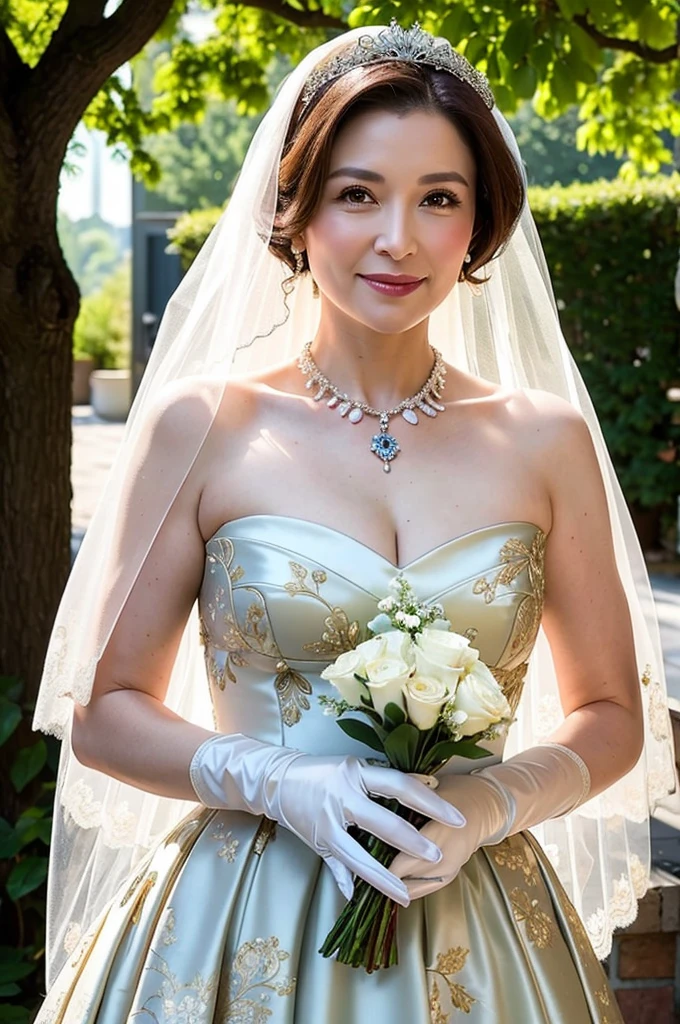 ((Masterpiece)), ((Best Quality)), A middle-aged short-hair woman, ((She is wearing an ornamental floral wedding dress)), She is wearing gloves on her hands., outdoor, She is in a garden. She is wearing a big necklace, She is wearing a wedding veil.