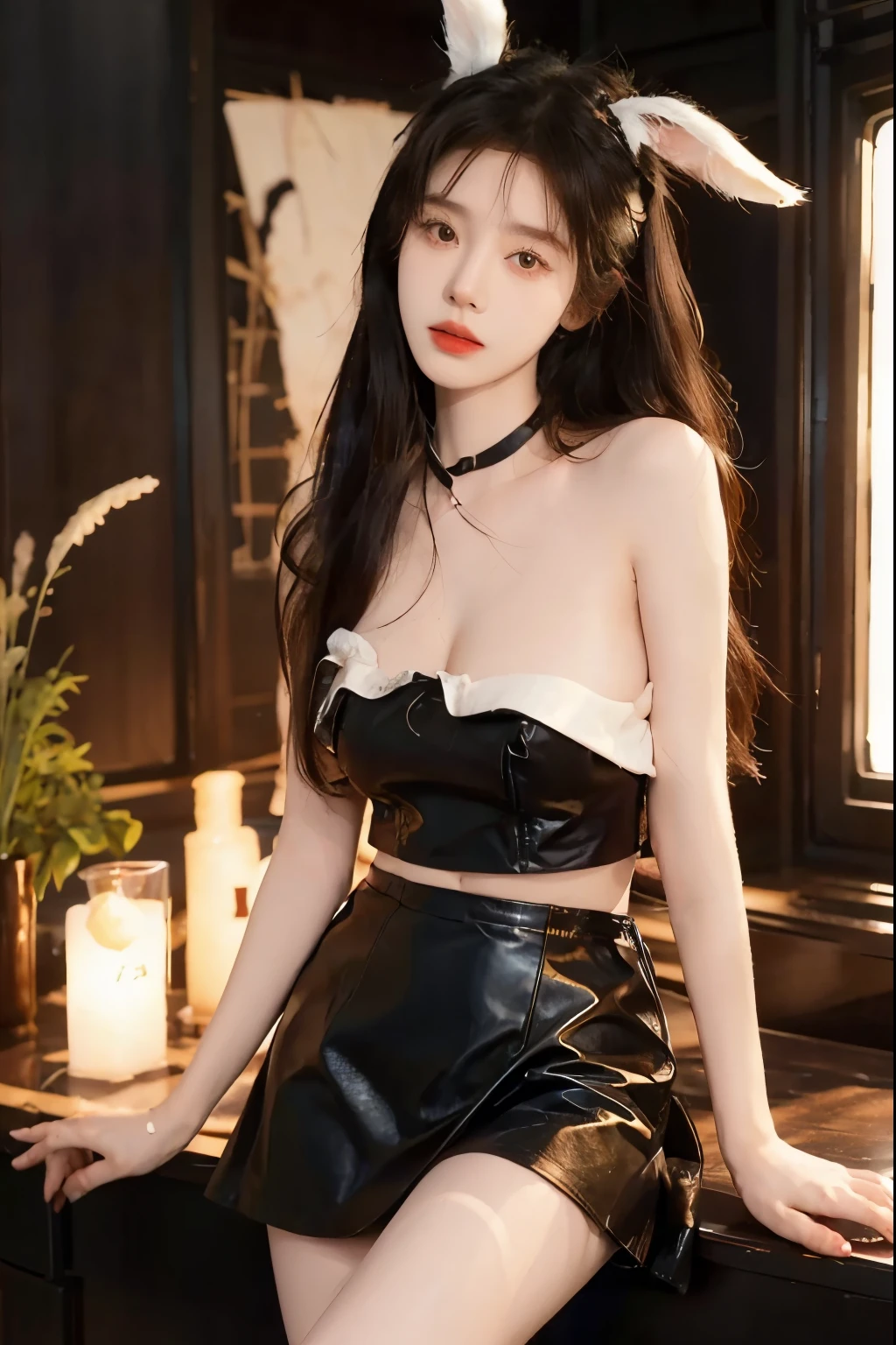 Beautiful woman with perfect body：1.4，Prominent cleavage，Layered Hairstyle，Highly detailed face and skin textures，Double eyelids，Skin Whitening，Long hair，Whitened long legs，（Rabbit ears、Black tube top、Black leather skirt）