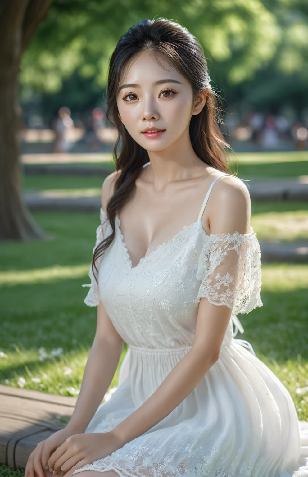a beautiful korean girl in a white summer dress, sitting in a park, professional lighting, photon mapping, radiosity, extremely detailed, best quality, 8k, raw photography, masterpiece, realistic, photorealistic, vivid colors, natural lighting, detailed facial features, long eyelashes, delicate skin, elegant posture