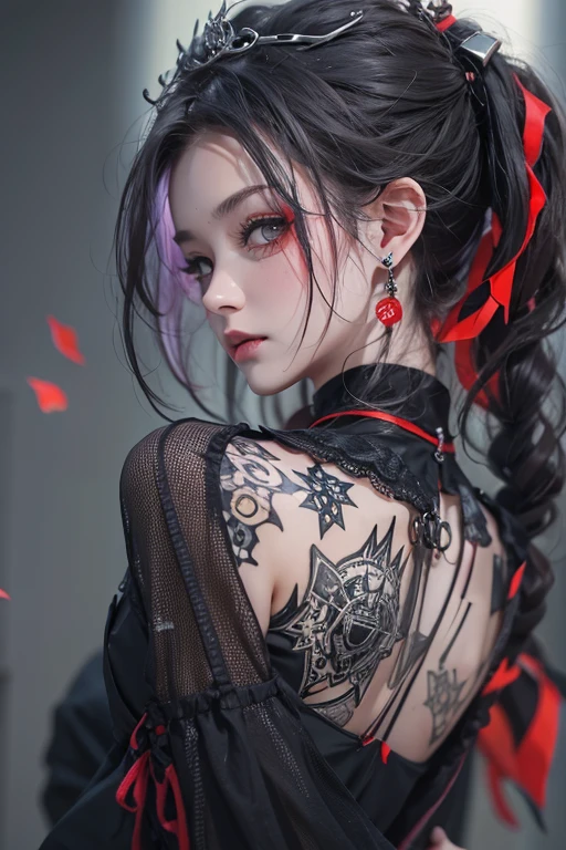 Highest quality、、masterpiece:1.3、Gothic Punk、Red inside、Gray Black Hair、hair ornaments、beautiful girl、creative、Punk Shirt、Neogoth、Goth Fashion:1.2、High resolution、masterpiece、Highest quality、頭w:1.3、((Hasselblad Photos))、Fine skin、Sharp focus、(Cinema Lighting)、Explore Tokyo'The night city beyond the neon lights, Forehead open, 1、Petting'Hair back、Shoulder Bare、Small red rose tattoo on the décolletage、Just one tattoo