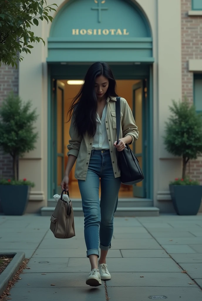 A woman with long black hair, wearing casual clothes, is walking out of the hospital, looking down at her bag.