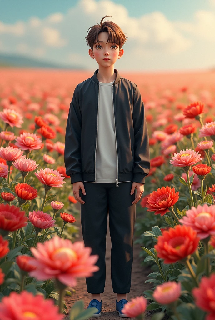 Create a photo of a person standing on top of flowers and with 1.60 tall with light brown eyes white skin with a slightly round face with hair combed down with almost brown color and with a black and white outfit with blue shoes 20 years old male ultra realistic