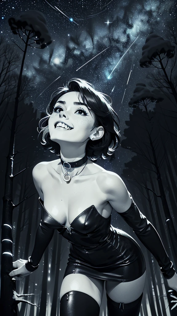 one girl, solo, slender body, fit body, (bust:1.3), (sharp teeth:1.3), (black eyes:1.5), black hair, (short hair:1.2), masterpiece, highly detailed, look at viewer, (look from below, below view:1.3), (leather dress, choker:1.4), (long exposure starry sky with many circular orbits, many stars twinkling in a beautiful bright winter night sky, forest, fractal art, bright colors, colors mashing, complimentary colors, neon, compassionate:1.3), expressing joy, (dark sky background:1.1), (bare shoulders:1.4), (small breast size, small breasts, tiny breasts, flat chest, male chest:1.5), (limited palette:1.7), (legs in leather stockings:1.2)