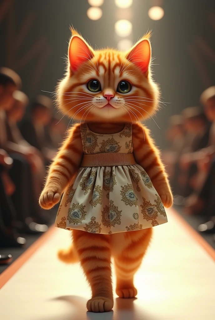 (photorealism:1.2), cute ginger cat, wearing money logo dress walking on the runway