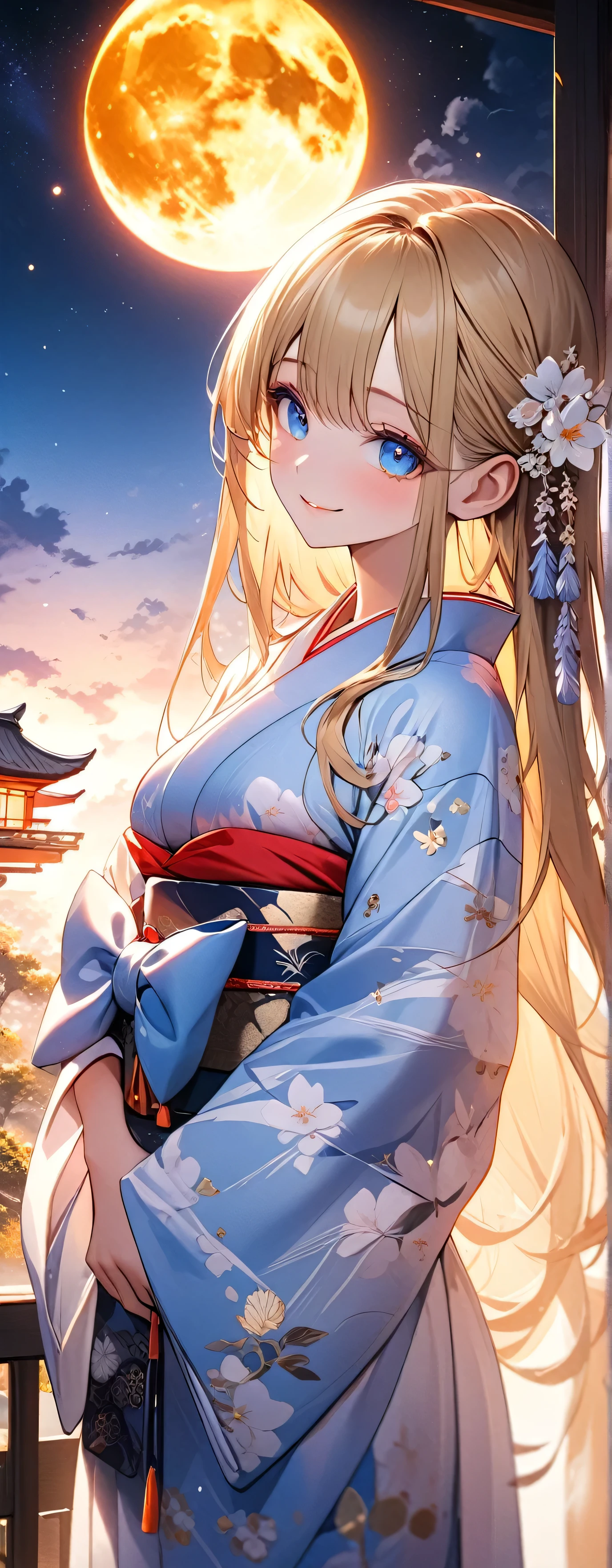 Anime girl in kimono outfit standing in front of a full moon - SeaArt AI