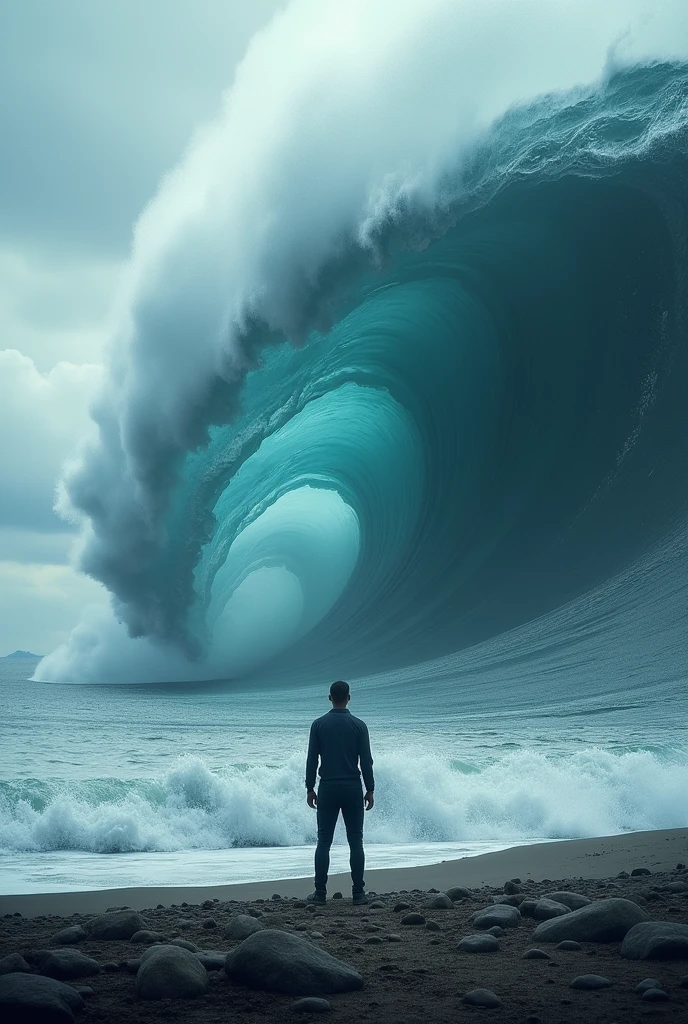 One man, back pose, infront tsunami, large wave, scary