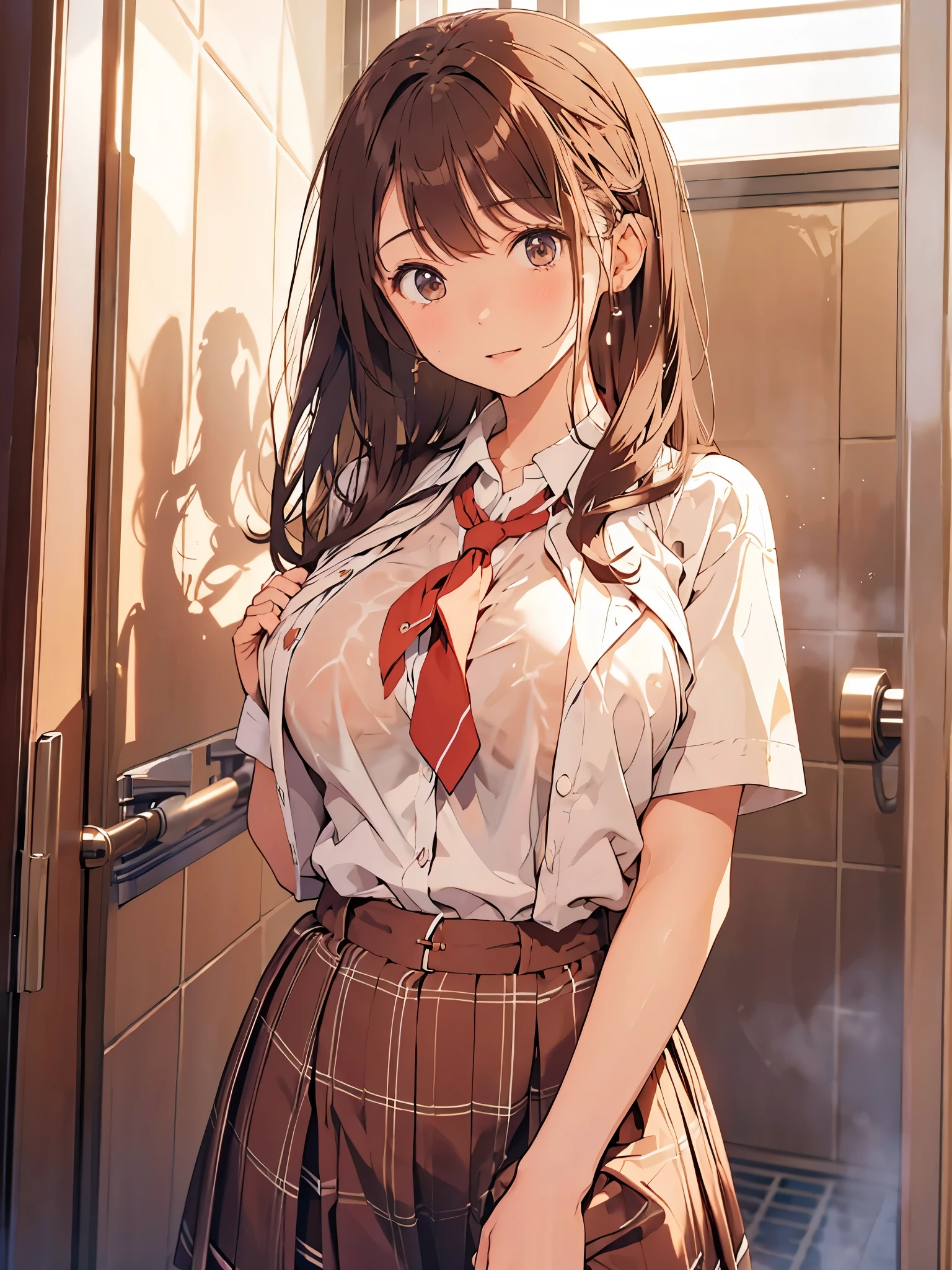 Schoolgirl Uniform、huge tit、2 gravure idol、medium brown hair、Sensual look、sexy  pose、taking shower、Shower room at a luxury resort hotel