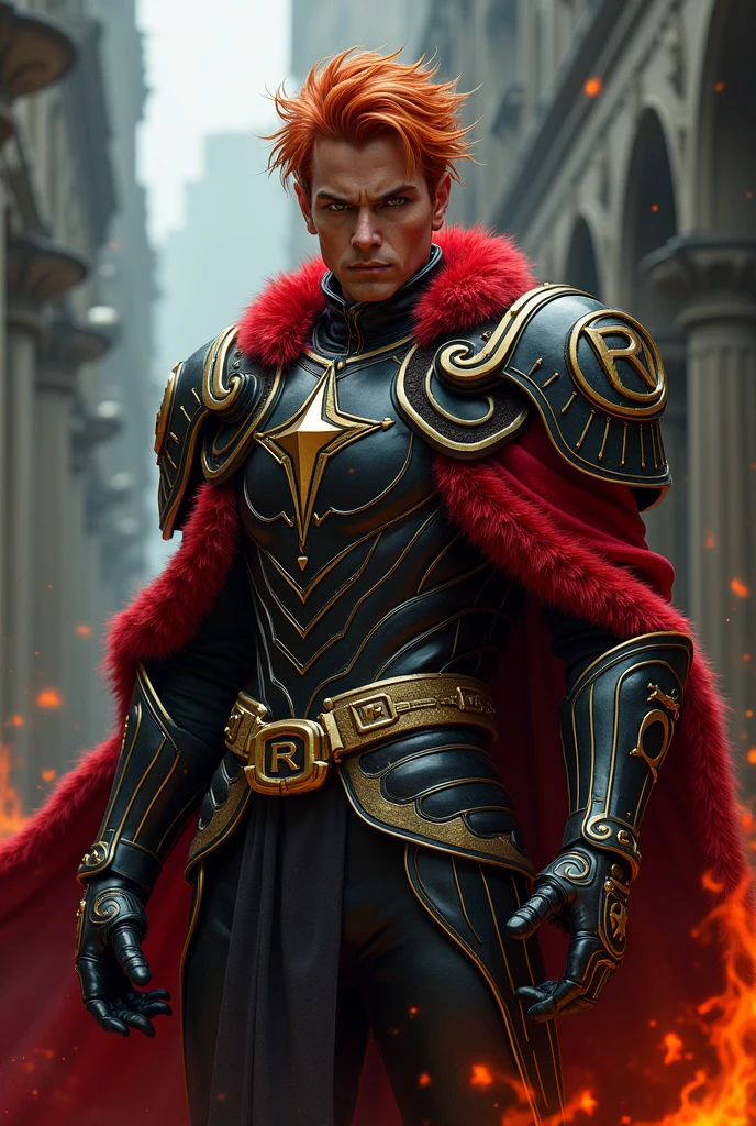 Male age 55, latin, dark orange hair visual kei, deep sight, black gold armor, armor breastplate with a pair four-pointed gold stars, a gold belt buckle with a letter R, scarlet red furry trench matrix gabardine open, gold belt, gold wristband, armor boots with red flames, cyberpunk japanese style, athletic strongest, magic powers, action, black cat nails, crazy pose, dark ruins backgroud, full body