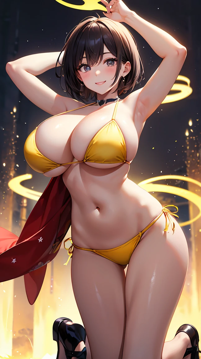 Standing in a shiny bikini、Great smile、 Mature Woman 、Japanese、Huge breasts、short hair、(Glowing Skin:1.4)、Put your arms behind your back, Kneel,Standing on one leg, Ezvian everywhere、