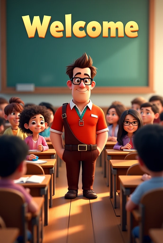 Create a Wreck-It Ralph movie cover as a teacher with glasses with his students behind him in a classroom. At the top it should say WELCOME and at the bottom it should be the text Profe Diego