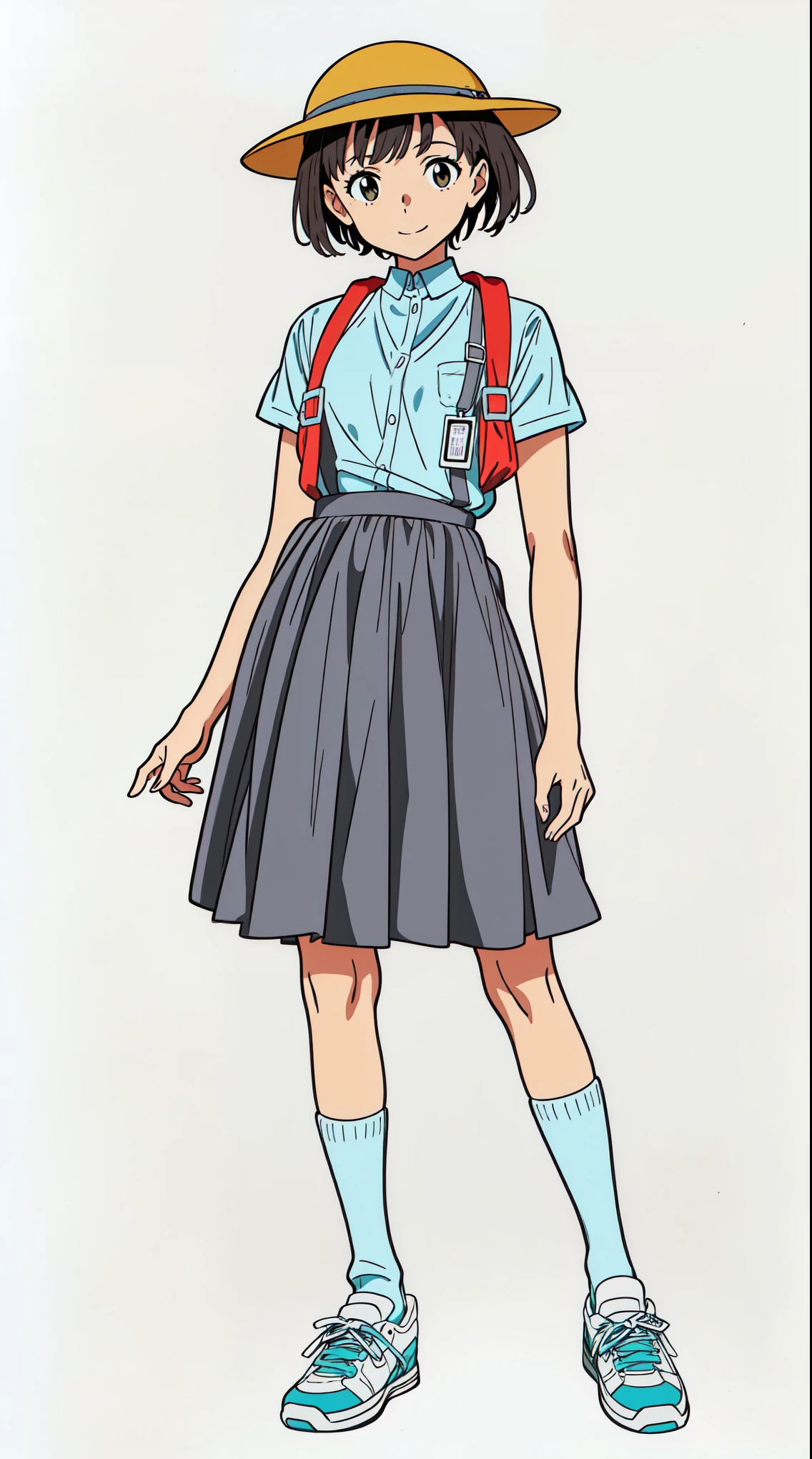 (white background:1.0), (best quality:1.0), (masterpiece:1.0), (super fine illustration:1.0), (beautiful artwork:1.0), (anime screencap:1.0), (official art:1.0), (full body:1.0), (solo:1.0), (a 12yo cute girl:1.0), (yellow hat:1.0), (red randoseru:1.0), (name tag:1.0), (long skirt:1.0), (black skirt:1.0), (pleated skirt:1.0), (white shirt:1.0), (short sleeve dress shirt:1.0), (black thin suspenders:1.0), (sneakers:1.0), (white socks:1.0), (ideal ratio body proportions:1.0), (lanky:1.0), (tall:1.0), (slender:1.0), (small breasts:1.0), (smaller face:1.0), (detailed beautiful eyes:1.0), (detailed beautiful face:1.0), (tareme:1.5), (smile:1.0), (cheerful:1.0), (glowing black eyes:1.0), (short hair:1.0), (blunt bangs:1.0), (black hair:1.0), (standing:1.0), (looking at viewer:1.5)