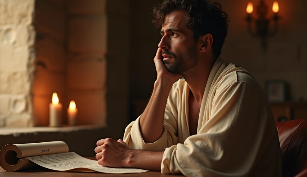Prompt 2:
• Textual Cue: “What if there’s a different way to approach this?”
• Visual Description: The same philosopher, still in his Roman study, but now his posture is different. His head is lifted, and his gaze is distant as if contemplating new possibilities. The warm light of the oil lamps softens the room, revealing more of his bronzed skin and the elegance of his slightly transparent tunic, hinting at his shoulder and chest. A scroll with Stoic principles lies open before him, symbolizing his shift from blame to introspection.
• Shot Details: Slightly angled from the side, focusing on his contemplative expression. Canon EOS R5, Sigma 50mm f/1.4 DG HSM Art Lens, 85mm lens. 8K resolution, cinematic detail, Octane render, highlighting the transition from frustration to reflection.