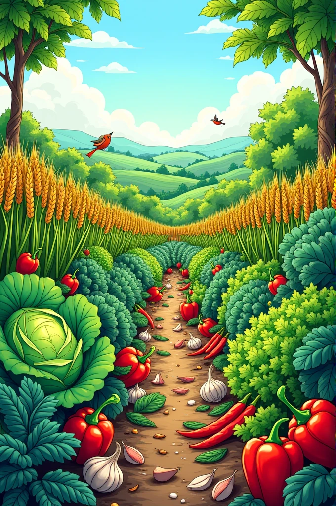 Please create a coloring picture of a vegetable garden for stir-fried instant noodles using the relevant plants: wheat, coriander, kale, cabbage, garlic, soybeans, pepper, palm oil.