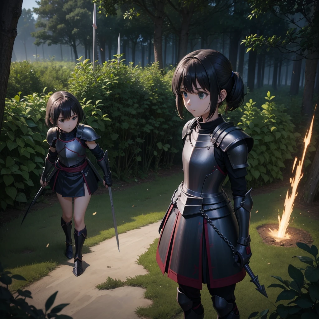 最high quality、high quality、Simple Cloth Armor、10Year-old girl adventurer、Equipped with a weapon that has a short chain at the end of a stick and a spiked iron ball at the end of the chain、In a dark maze、Dark green armor