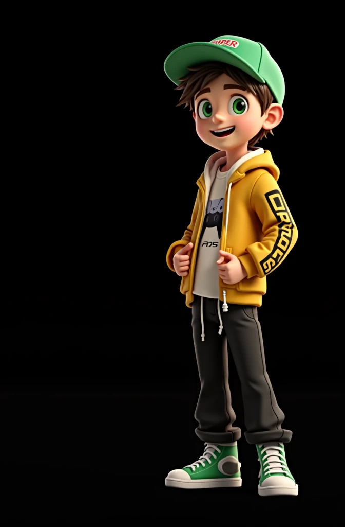 Create a 3D male influencer character of approximately youthful age and appearance . He is tall. His facial expression is friendly and smiling., with big green eyes that convey a sense of curiosity and joy. your hair is short, brown in color and slightly disheveled, visible under the CAP. His cap is green and has the word "Soulgamer" printed on the front. He wears a white T-shirt with a PS5 controller image printed on it.. He wears a hooded jacket over a white t-shirt and matching cap.. He wears loose black pants that fit comfortably over green sneakers that match his jacket and cap., with white shoelaces tied tightly. He is standing with the fist of one of his hands clenched while the fist of his other hand is raised as if in celebration..
add gamer elements to the character.