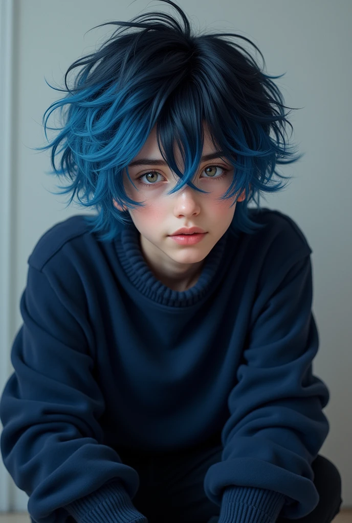 Create a boy with hair in a mixed blue and black tone,he wears a dark blue sweater,black pants,and socks even if not wearing shoes,He has 15 years