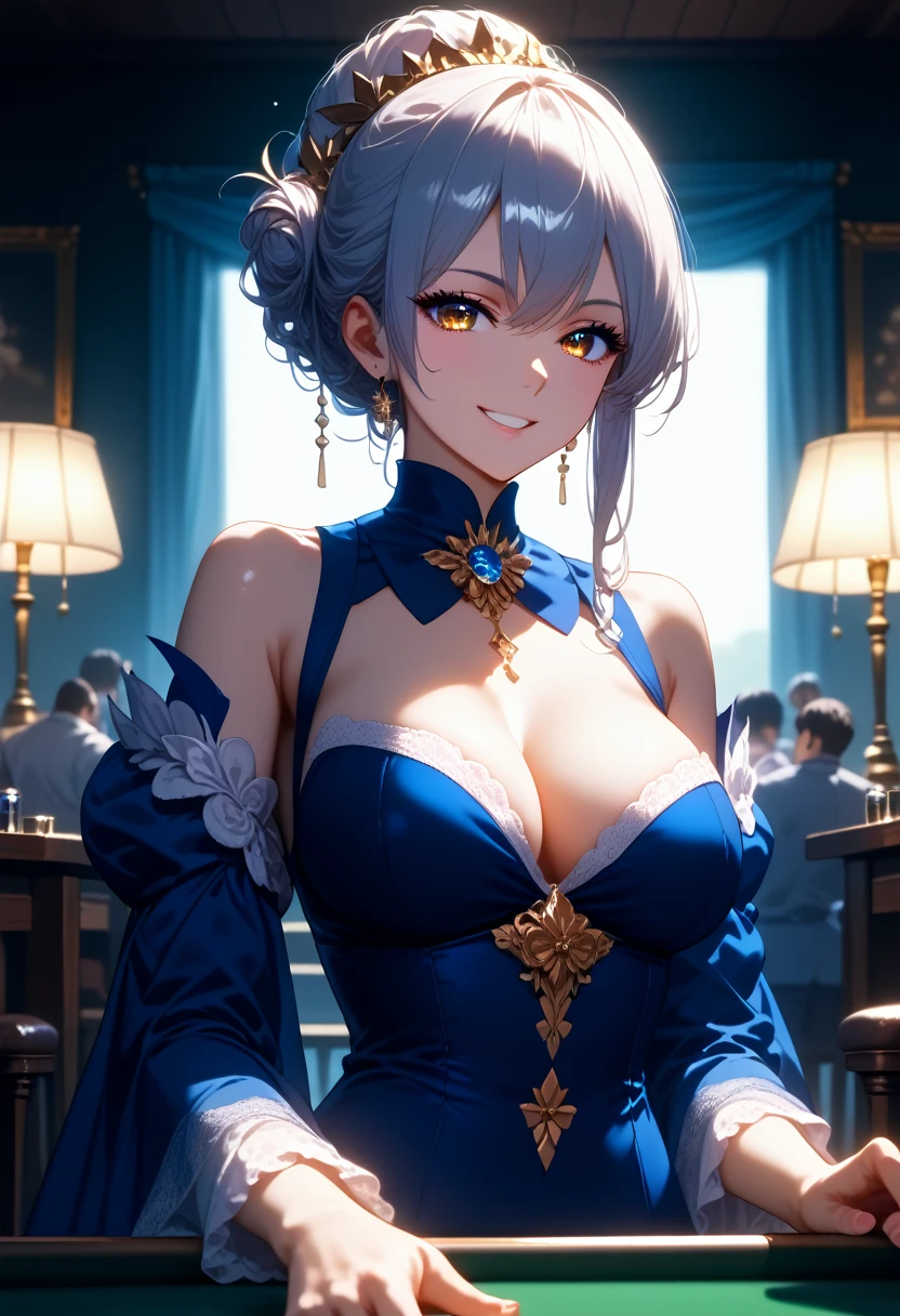 anime girl, sexy, beautiful, light makeup, Larger Than Average Breasts, Dressed in a Beautiful Sarafan, decorations, sparkles, smiling, Hairstyle Voluminous, Very sexy figure, Stands in the Billiard Club, Around People, They look at her, light of lamps, dynamic shadows, bright colors, Clear drawing of details, A game of shadows, masterpiece, sparkles и Блеск присутствует на красивых Туфлях и платье,score_9,score_8_up,score_7_up,dramatic lighting,highly detailed,high budget,bokeh,cinemascope,moody,epic,gorgeous,film grain,grainy,masterpiece,best quality,perfect anatomy,very aesthetic,official art,8k,