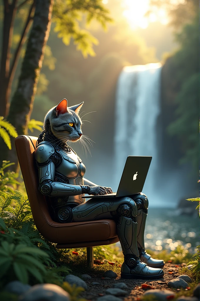A cat in cyberpunk robotic suit in the forest side by water fall sit down in chair front in laptop sunset