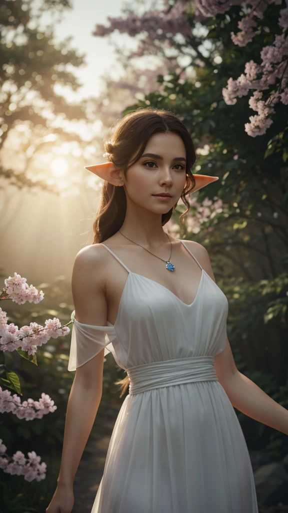 Picture of the elf's waist, difficult, slender face, elegant, wear a sapphire necklace, white light dress with straps, front camera, very detailed, digital painting, ArtStation, conceptual art, smooth, Sharp Focus, illustration, art by Artgerm and Greg Rutkowski and Alphonse Mucha, 8 K, volumetric fog, blossom, rays of light, clearance, curved bokeh
