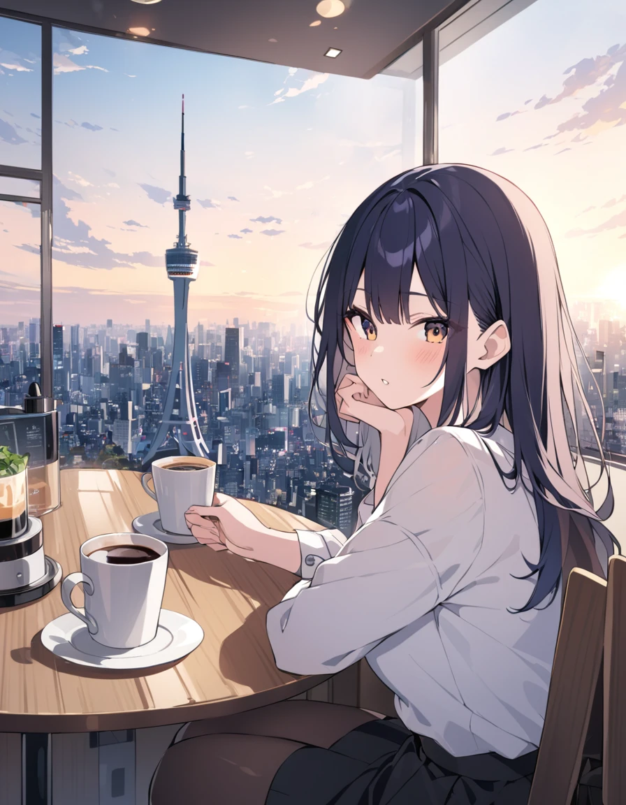 A woman in a cafe with a view of downtown Tokyo