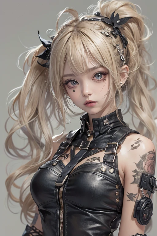 High resolution、masterpiece、Highest quality、punk、blonde、hair ornaments、beautiful girl、creative、punkシャツ、Neogoth、Goth Fashion:1.2、Fine skin、Sharp focus、(Cinema Lighting)、ponytail、Shoulder Bare、whole body、Wearing leather boots