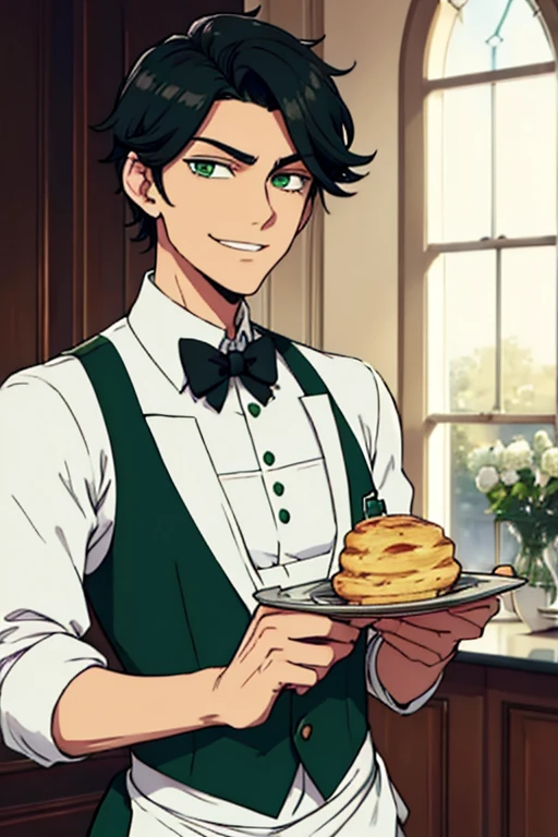 Perfect face. Perfect hands. A handsome black haired man with green eyes and short hair in a butler's uniform is smiling while serving scones in a fancy butler cafe