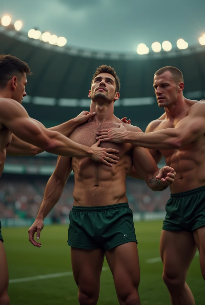 Some men push a rugby handsome man on the field,and took off his clothes,touch his body parts。hair Chest muscles!chest hair!Cinematic texture