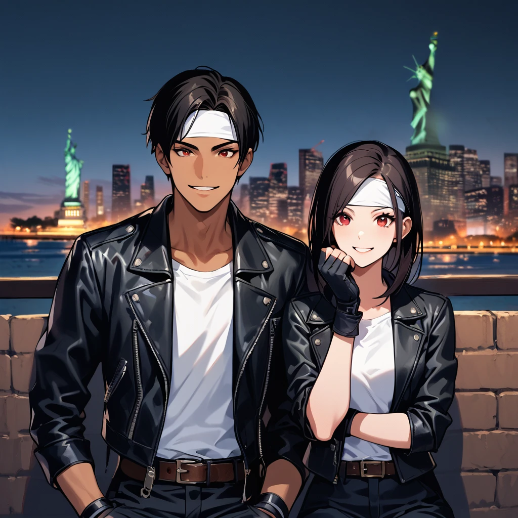 Orochiquillo, dark skin, couple, two people, man and woman, red eyes, ((black leather jacket with rolled up arms)), fingerless gloves, black hair, white t-shirt, ((white headband)), black pants, white shoes, brown belt, handsome, shot, charming, famous, high resolution, fine face, fine grain, night, blue sky, confident Smiling, with lover, Statue of Liberty in background, USA, sitting on terrace, both man and woman wearing same clothes and hairstyle, hand on chin, toothy smile, looking at Statue of Liberty